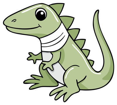 A cute green cartoon dinosaur with a neck brace recovering from an injury