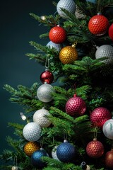 Festive christmas tree decorated with unique golf ball ornaments for holiday ambiance. Vertical banner. Copy space. Free space for text