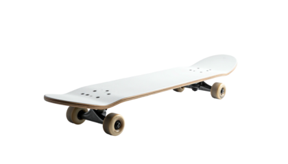 Plain white skateboard with brown wheels isolated on black