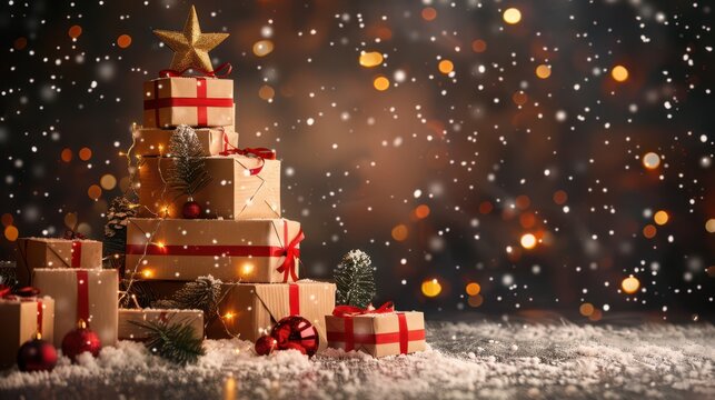 Creative christmas tree made of cardboard delivery boxes with festive decorations. Blurred background, bokeh effect. Horizontal banner. Copy space. Free space for text. Boxing Day