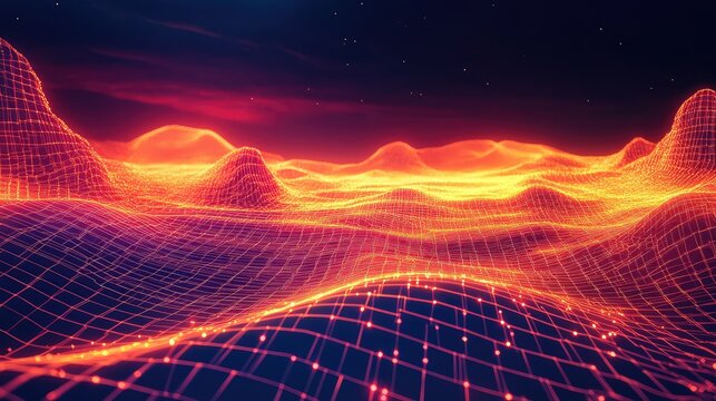 Digital landscape with glowing wireframe grid terrain