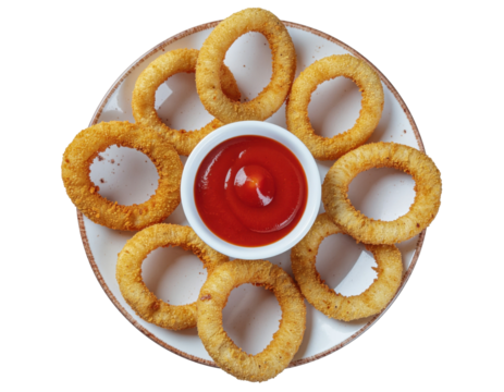 Fried Onion Rings Served in a Circular Arrangement with Ketchup Dip on a Plate