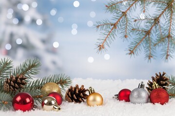 Snowy New Year's background with space for text, bright Christmas tree balls, pine cones and fir branches