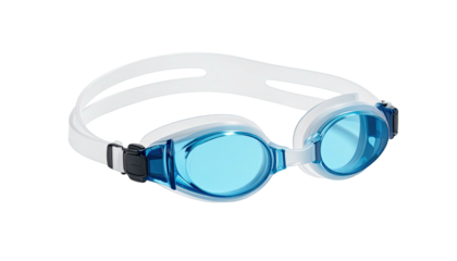 Swim goggles; blue lenses, white frame, dark strap details