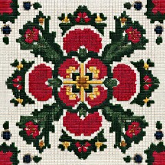 Festive texture is achieved through a repeating pixelated geometric pattern that features red and green diamonds interspersed with smaller white diamond shapes