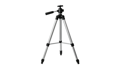 Silver-legged tripod stands against a stark black background