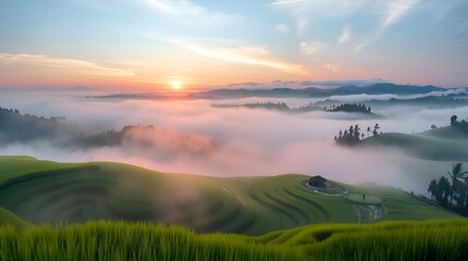 Sunrise Over the Misty Terraced Valleys