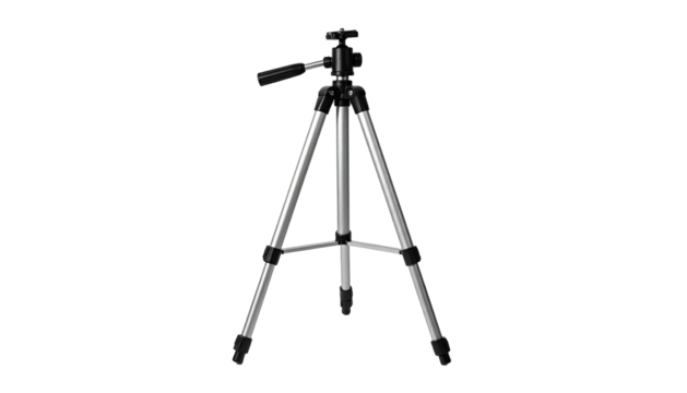 Silver-legged tripod stands against a stark black background