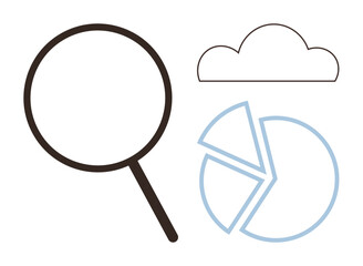 Magnifying glass exploring data on pie chart beneath cloud outline. Ideal for data analysis, cloud computing, research, analytics, business strategy, technology exploration, digital innovation. A