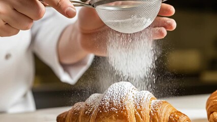 Chef dusting powdered sugar on a fresh croissant in a bakery.