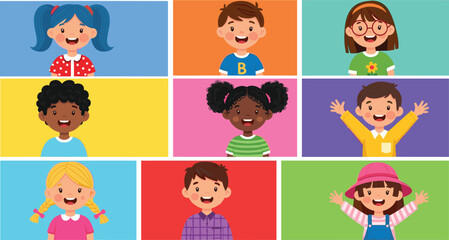 Cartoon children portraits, diverse kids, colorful backgrounds, smiling faces, joyful expressions, headshots, illustration, childhood, emotion, education, diversity, fun