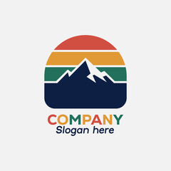 Striking mountain peak logo for adventure brand with retro sunset vibe