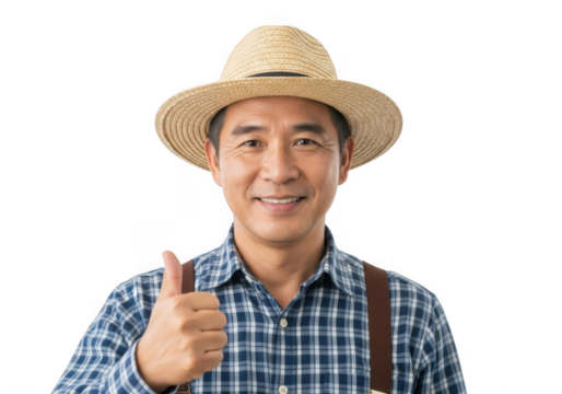 Smiling asian farmer wearing straw hat and plaid shirt giving thumbs up gesture isolated on transparent background