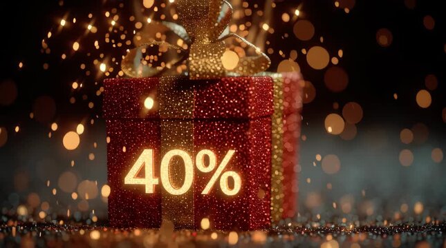 A gift box, packaged in red and gold tones, the lid explodes, golden sparks and the discount number "-40%" fly out, dynamic sparks, the energetic atmosphere of the New Year's sale.