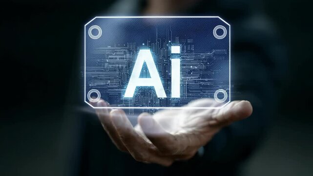 Futuristic ai hologram displayed on outstretched human hand in dark background