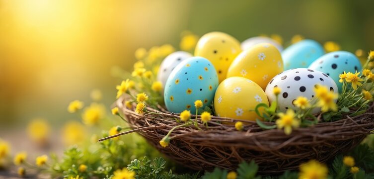 Easter eggs decorated with patterns rest in a woven nest surrounded by small yellow flowers and green foliage. Sunlight illuminates the scene creating a soft warm glow and blurred background.