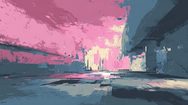 Abstract cityscape glitching with vibrant pink and blue colors - Powered by Adobe