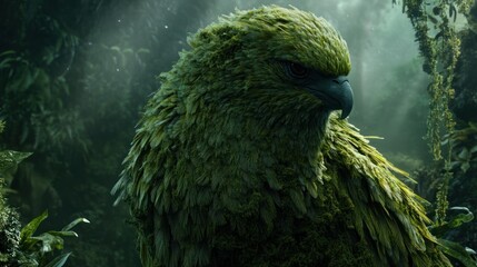 Kakapo, its moss-green feathers having the texture of ancient, plush velvet, surreal antique fabric texture, soft forest undergrowth lighting