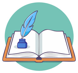 Open book with quill pen and inkwell, symbolizing writing and education