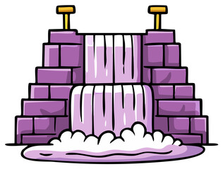 Cartoon illustration of a waterfall cascading over purple brick structure with gold accents.