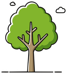 Stylized Green Tree with Fluffy Canopy and Clouds