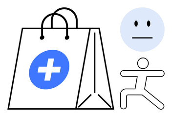 Shopping bag with a medical cross, neutral face, and yoga figure. Ideal for health, wellness, shopping, fitness, mindfulness, self-care and healthcare promotion in a simple flat metaphor