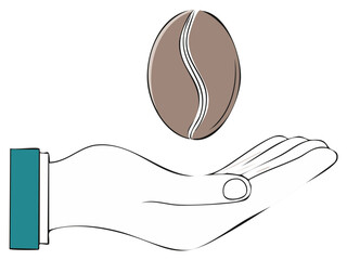 Stylized hand holding a floating coffee bean, minimalist design for coffee promotion or cafe related content illustration