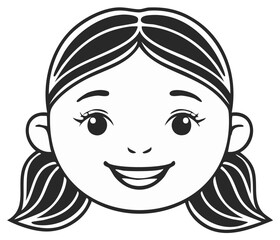 Illustration of Smiling Young Girl Face with Pigtails for Coloring Books or Web Use