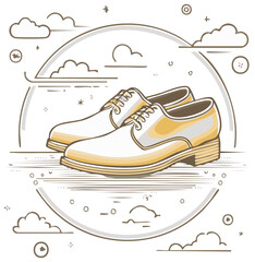 Classic mens dress shoes white and golden outline art illustration design with whimsical elements