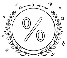 Hand drawn percentage symbol in decorative wreath frame with arrows and stars for discount