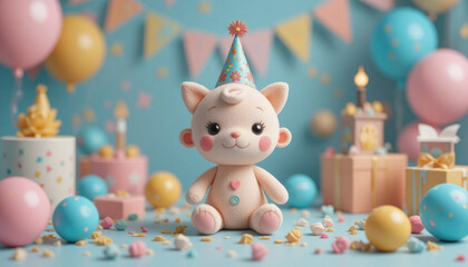 Fototapeta premium Cute plush toy cat wearing party hat sits among colorful balloons, gifts, and confetti, creating festive birthday atmosphere. pastel colors add cheerful and playful vibe