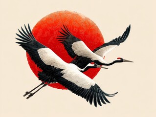Obraz premium Against a vibrant red sun, two elegant red crowned cranes fly with grace in a Japanese inspired artwork