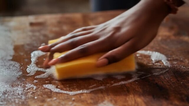 A hand scrubs a wooden surface with a yellow sponge creating suds
