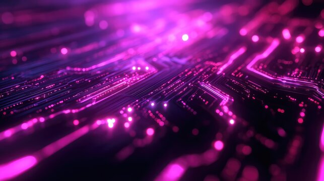 Digital circuit board glowing with magenta light data