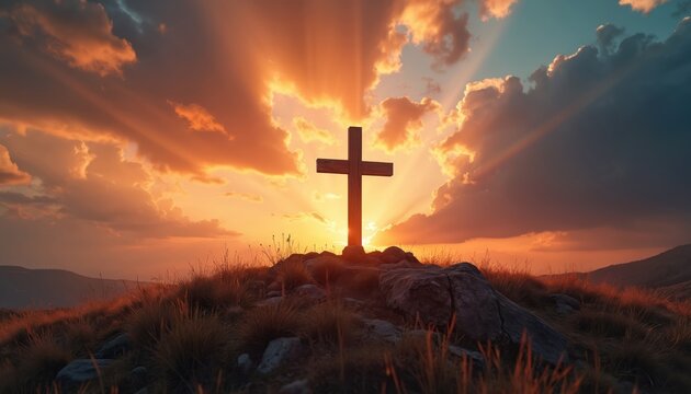 Wooden cross on rocky hilltop with dramatic sunset sky, beams of light break through clouds. Represents faith, sacrifice, and resurrection powerful spiritual symbol. This is striking religious scene.