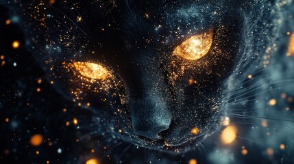 Feline form, sculpted from solidified nebulae and stardust, eyes like twin quasars, surreal cosmic predator, ethereal space lighting