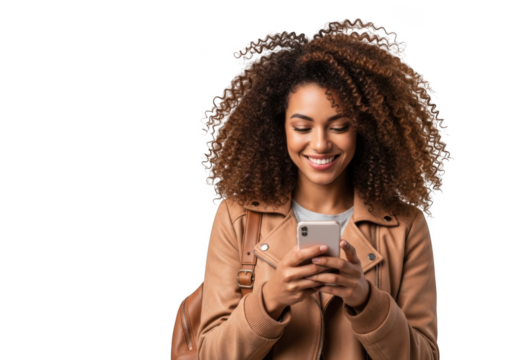 Smiling young woman with voluminous curly hair wearing a stylish brown jacket engrossed in her smartphone isolated on transparent background