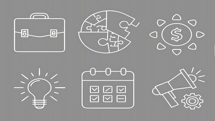 A collection of white line icons depicting business concepts like strategy finance ideas planning and communication on a dark gray background