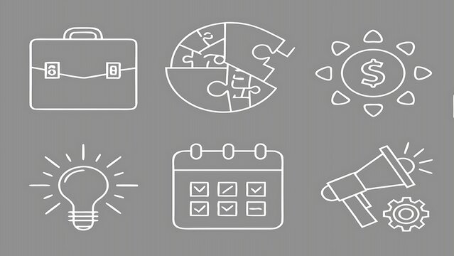 A collection of white line icons depicting business concepts like strategy finance ideas planning and communication on a dark gray background