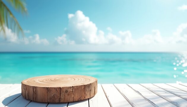 Wooden podium on white deck rests near turquoise ocean waves. Palm leaf shadow falls on wooden surface. Bright sunny day sky with clouds above calm sea.
