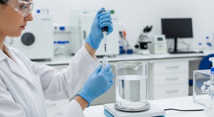 Young woman scientist pipetting fluid into a small vial in a laboratory. Developing innovative biopolymers for bioprinting technology.