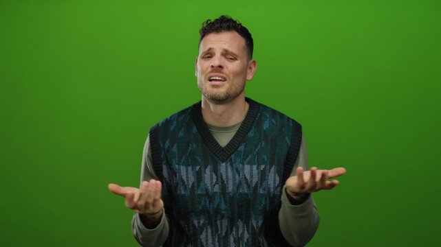 Young man expressing concern with hand gestures against vibrant green background, conveying worry and thoughtfulness.