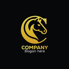 Letter C Elegant golden horse logo design for modern brand identity on black, vector template