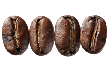 Four roasted coffee beans arranged horizontally on a dark background