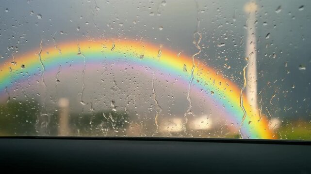 雨粒越しに虹がにじむ静かな癒やしの車窓景色