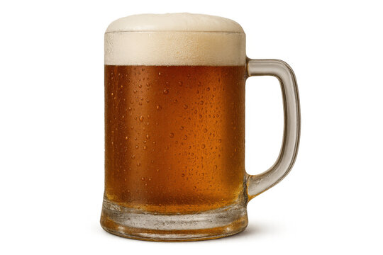 Refreshing golden lager beer steins overflowing with foamy head and condensation, celebrating brewery craft drink