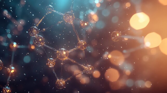 Molecular structure connection network with abstract bokeh background