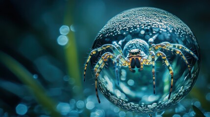 Diving Bell Spider, surrounded by a perfectly spherical air bubble that reflects a tiny, distorted world, surreal reflective orb texture, underwater filtered light