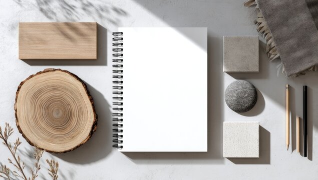 Blank notebook, wood, stone, and pencils