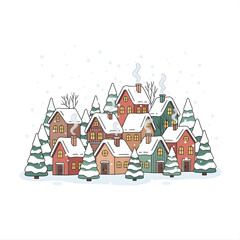 Obraz premium Winter landscape with Christmas tree, houses, and snow in a holiday village illustration